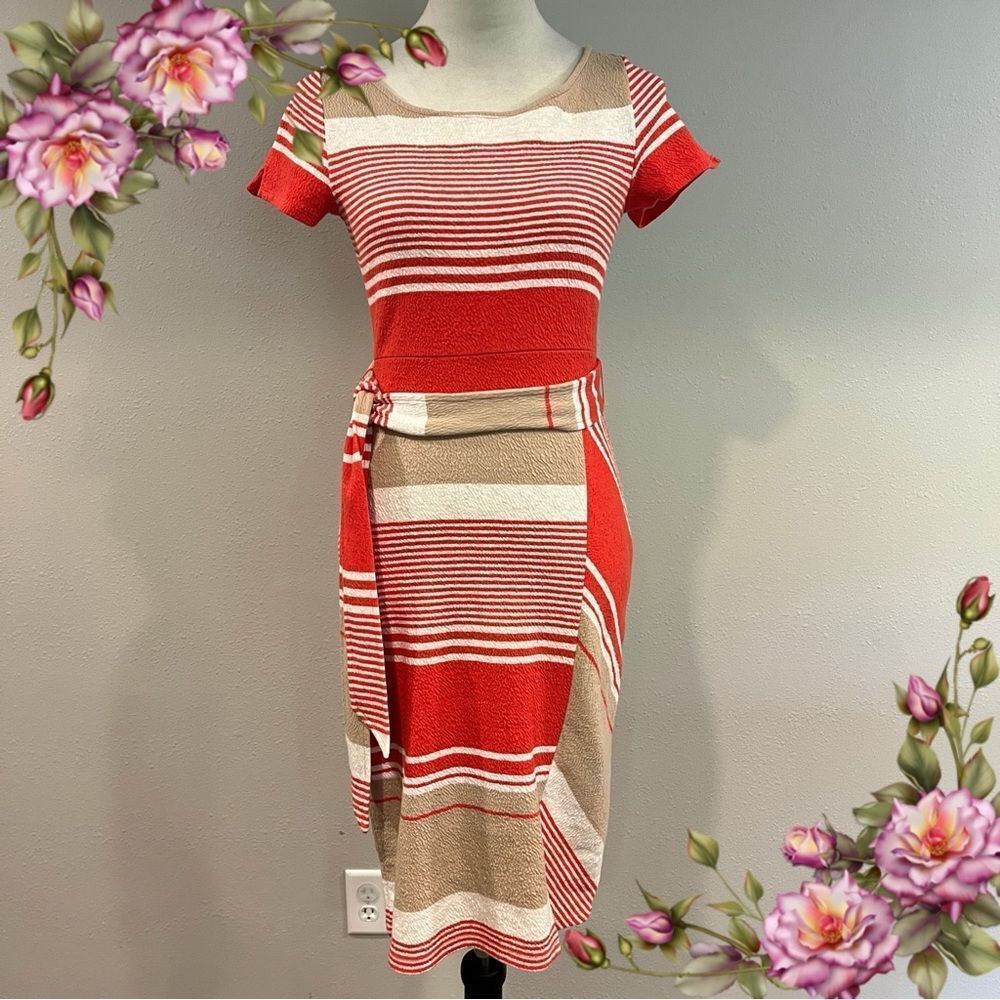 Anthropologie Lilia Striped orange and Tan short sleeve‎ Dress with belt